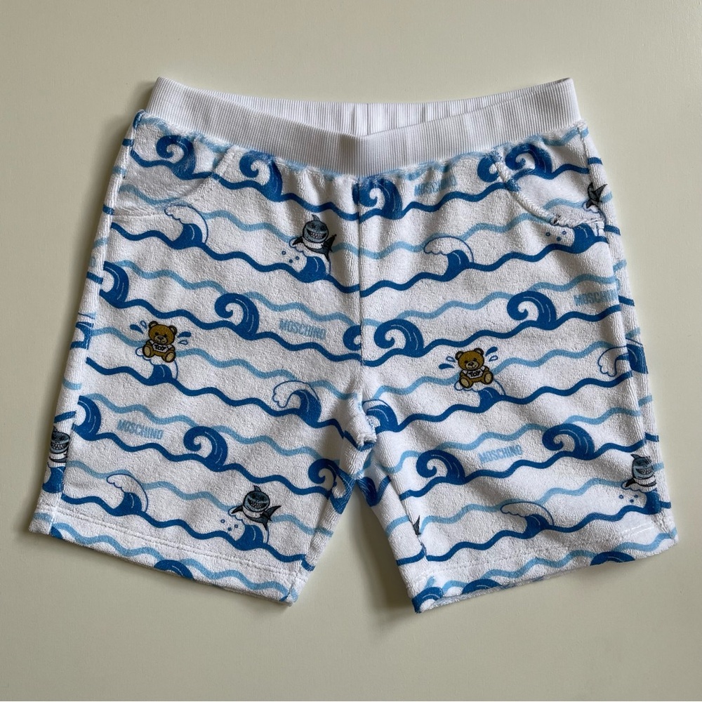 Moschino Kids Unisex Terry Shorts w/ Teddy Bear & Shark Wave Motif - Blue - 3Y